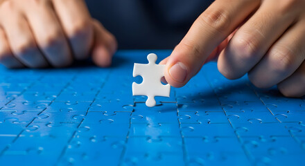 Completing the vibrant blue puzzle with a satisfying final piece, representing teamwork and problem solving