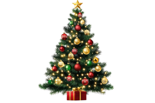 Decorated christmas tree with ornaments and lights- PNG style- transparent background for festive holiday designs