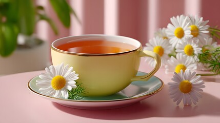 Yellow Tea Cup with Daisies on Pastel Pink Table Surrounded by Fresh Flowers and Greenery