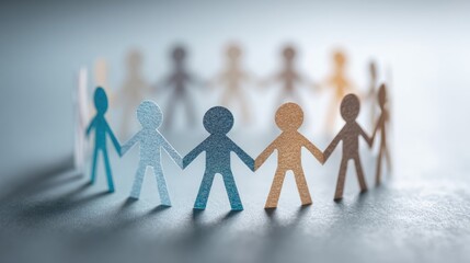 A close-up image of paper cut-out figures, various shades of brown, beige, and blue, holding hands in a circle.