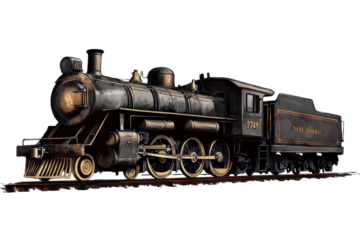 Vintage steam locomotive illustration on transparent background- PNG style- perfect for digital art and design projects
