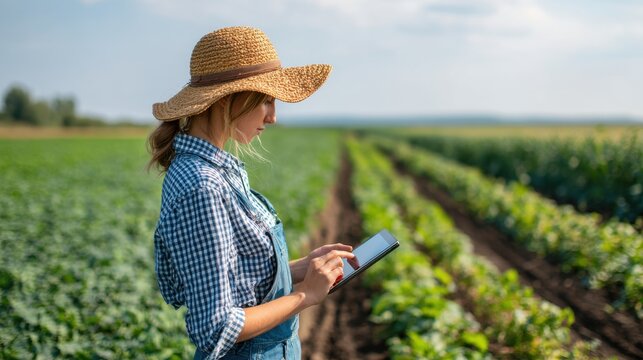 Young woman in overalls and hat uses tablet while walking through golden wheat field at sunset