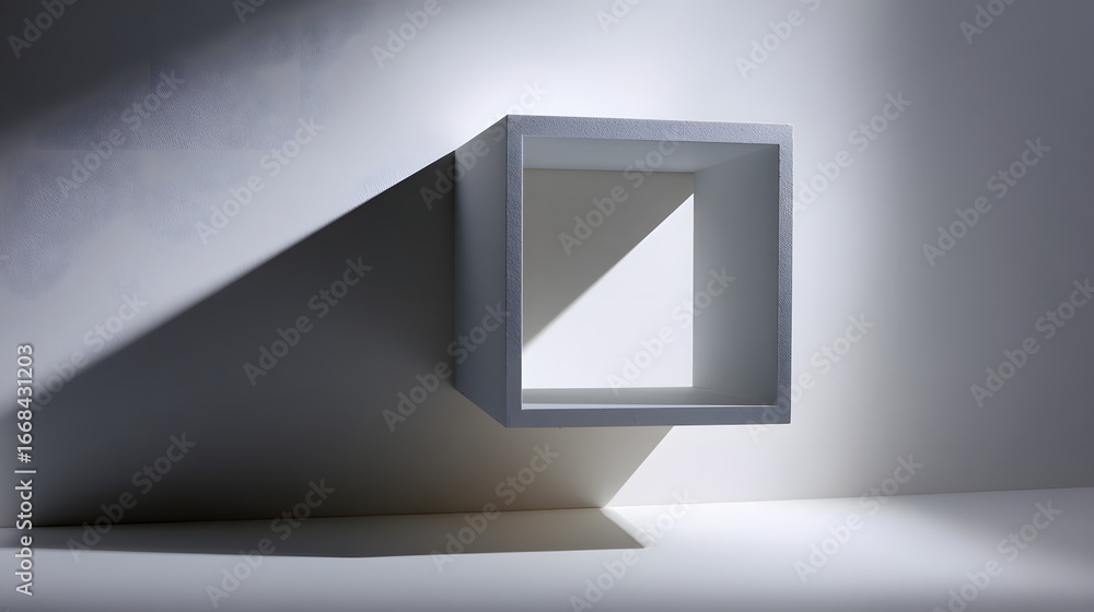 Poster minimalist geometric cube casting shadows in an artistic interior space with textured background