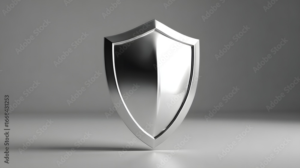 Poster metallic shield symbol representing protection and security with smooth reflections on background