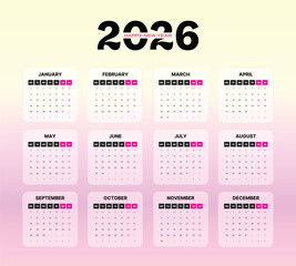 2026 Calendar Template with Gradient Background – Modern 12 Months Yearly Planner Design for Print and Digital Use