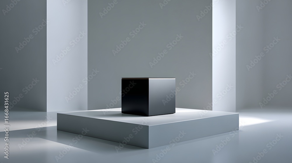 Poster minimalist black cube on a white platform in a spacious and elegant architectural setting