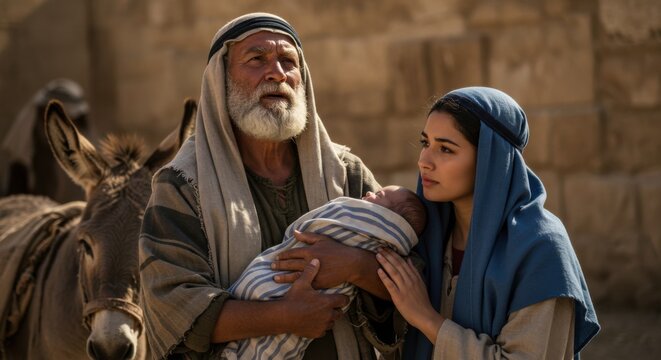 Old man carrying baby and young woman beside him during Christmas story in biblical times. Sacred family journey concept.