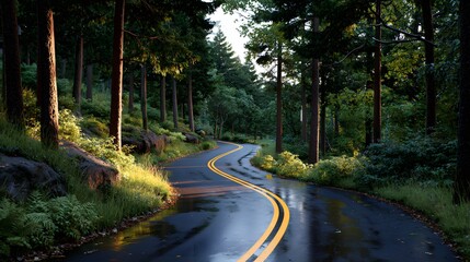 Fototapeta premium Winding Road Through Lush Green Forest in Bright Morning Sunlight After Rain