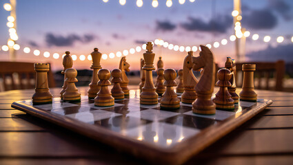 Chess pieces are arranged on a board under the soft glow of string lights