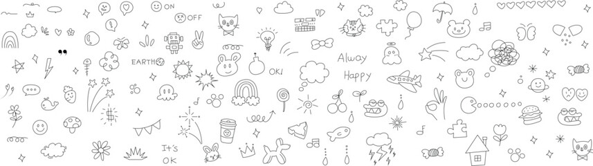 Whimsical black and white doodles featuring various cute elements and symbols