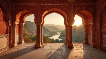 A stunning vista from within a beautifully decorated, terracotta-colored palace in India.