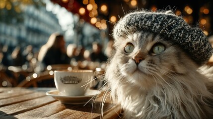 Charming Cat in Beret at Parisian Cafe: Close-Up Portrait with Coffee and Bokeh Lights, Whimsical and Artistic