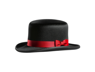 Elegant black bowler hat with red ribbon and bow on white background