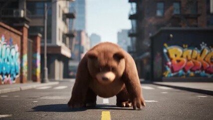 Cartoon  dancing bear walking down a city street in a playful animation.