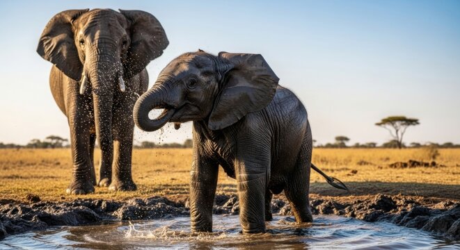 Two elephants one adult and one baby playing in a muddy waterhole in the african savanna plain