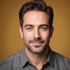 Obraz premium Portrait of handsome mature man looking happy and smiling against colored studio background Professional Worker Portrait person employee capture subject in a way that resembles a st