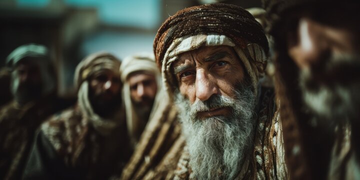Elderly man with long beard looking intently, surrounded by other men in traditional attire. Biblical times or middle eastern culture. - Powered by Adobe