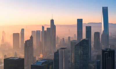 Fototapeta premium City skyline at dawn, hazy sunrise