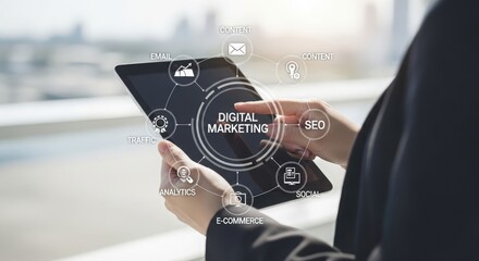 Business professional using a tablet to engage in digital marketing strategies outdoors, city skyline