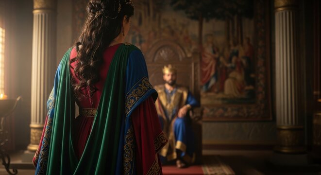 Woman approaching king in palace hall, biblical story of Esther, queen approaching Artaxerxes, ancient history reenactment, drama costume