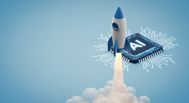 AI rocket launching from microchip symbolizes technological innovation and future growth