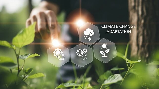 Climate change adaptation shown with hand pointing at icons in a lush green environment outdoors