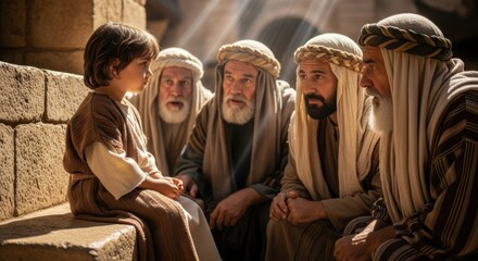 Young boy child sitting with ancient teachers in a temple, listening and asking questions about gospel event. Christianity concept.