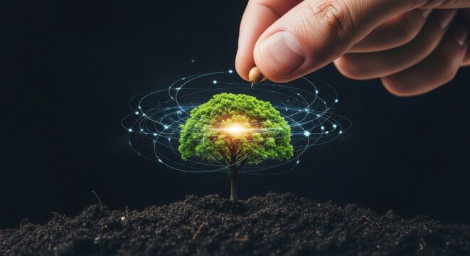 Man hand planting a tiny mustard seed in soil, with a glowing tree and connected lines. Growth from small to large concept.