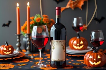 Wine bottles and candlelit dinner table to welcome Halloween