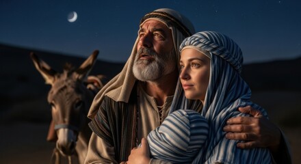 Obraz premium Man and woman with a baby under a night sky with moon. Joseph and Mary with infant Jesus on journey. Biblical Christmas scene concept.