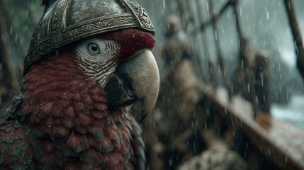 Scarlet Macaw Parrot Wearing Ornate Helmet in Rain, Close-Up Portrait, Fantasy Concept, Pirate Ship Setting, Exotic Bird