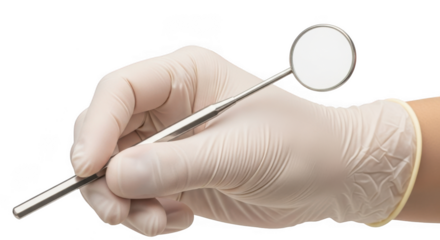 Dentists gloved hand holding a dental mirror, isolated on transparent background