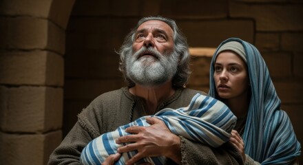 An old man holds a wrapped baby as a young woman stands beside him, looking up with reverence for Christmas story concept.