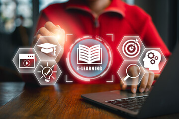 Interactive e-learning interface with digital icons and laptop, representing modern online education and virtual learning solutions.
