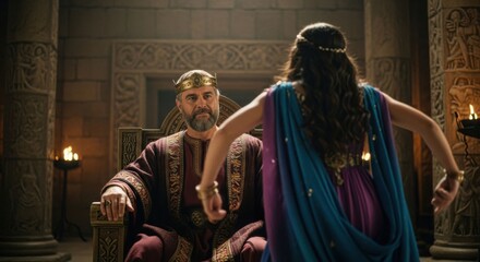 Naklejka premium Salome dances before Herod as powerful king sits on a majestic throne in a stone hall. Biblical scene.