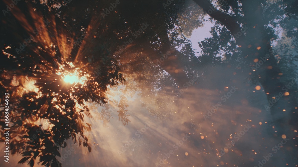 Poster sunlight streaming through trees creates atmospheric forest light display