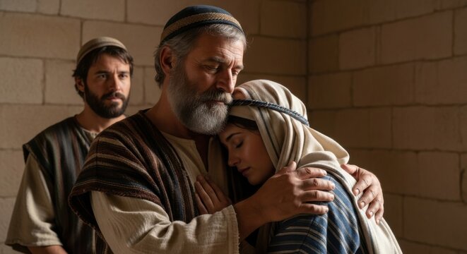 An elder man comforts a young woman with a male looking on. Biblical times concept for family, comfort, and support.