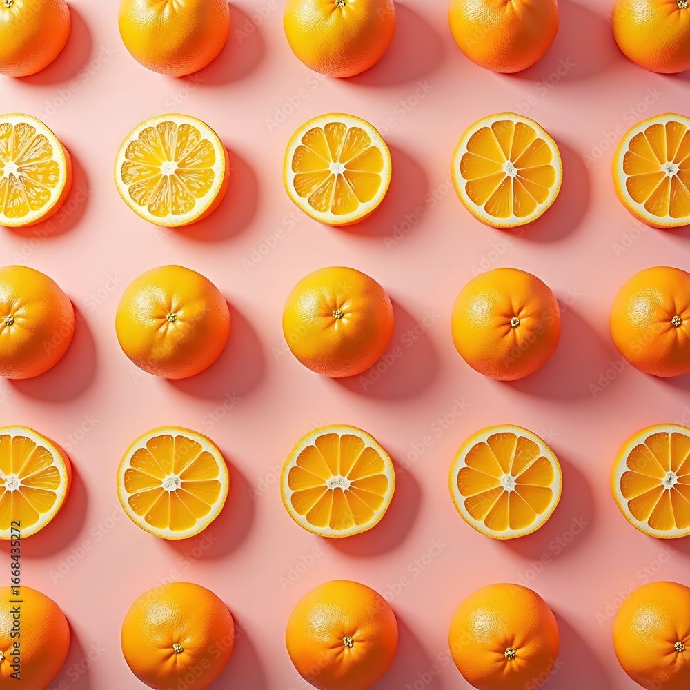 Poster fresh oranges are arranged in a symmetrical pattern on a pink background.