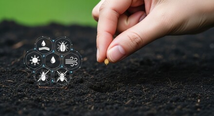 Woman planting seed in rich soil. Digital overlay with icons for agriculture, sun, water, wind, and pest control for crop care.