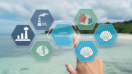 Finger touching ocean acidification interface with factory, coral, and shell icons on beach view - Powered by Adobe