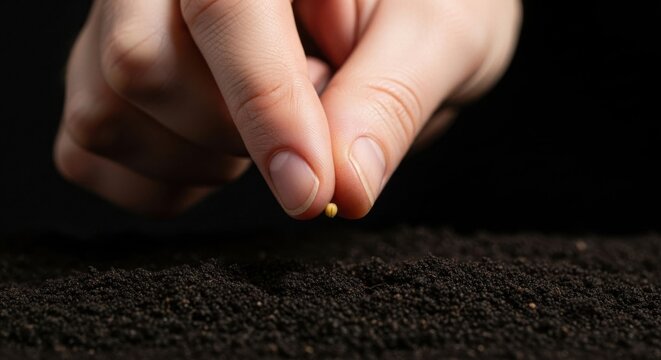 Woman hand dropping a small seed onto rich soil. Concept of planting, growth, and the biblical parable of the mustard seed.