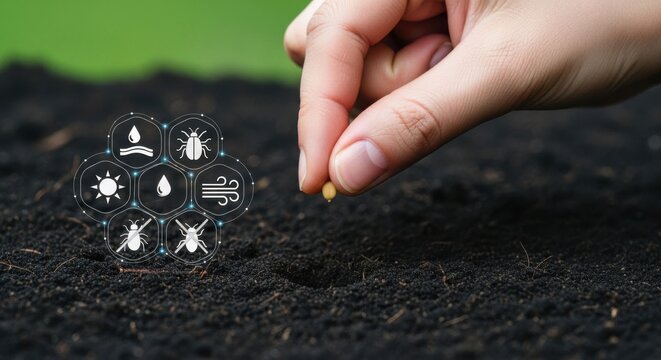 Woman planting seed in rich soil. Digital overlay with icons for agriculture, sun, water, wind, and pest control for crop care. - Powered by Adobe