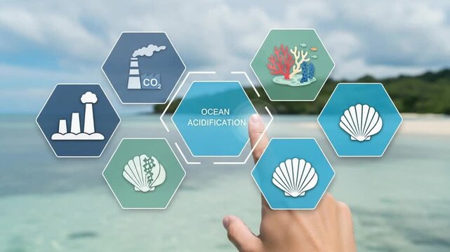 Finger touching ocean acidification interface with factory, coral, and shell icons on beach view