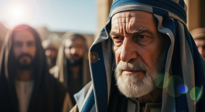 Old man with beard wearing traditional Middle Eastern headdress. Concept of ancient biblical times, pharisee, or scholar.