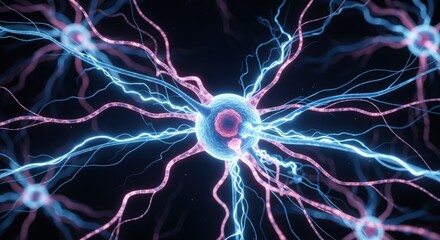 Abstract representation of interconnected neurons with vibrant blue and pink colors on a dark background