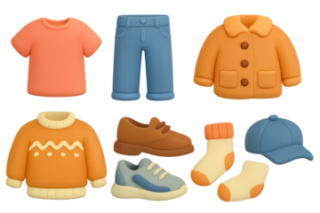 Colorful 3d clothing set with trendy caps, shoes, and jackets on gradient bac…
