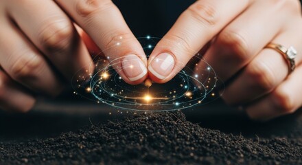 Woman planting a tiny seed in soil, surrounded by glowing energy. Metaphor for growth, potential, and new beginnings for gardening concept.