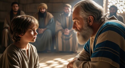 Young Christ child listening and asking questions to teachers in the temple. Biblical scene representing wisdom and learning.