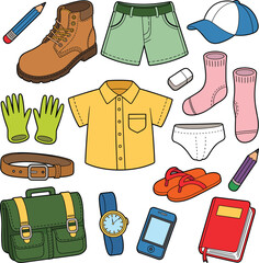 Cartoon everyday objects and clothing set, colorful illustration, pencil, boot, shorts, cap, socks, eraser, belt, shirt, bag, watch, phone, book, flip-flops, playful, vector, casual,