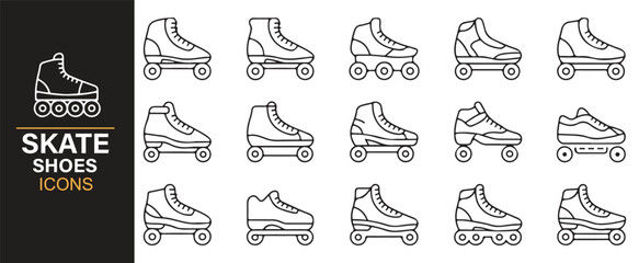 Skating shoes icon set featuring quad skates, inline skates, and roller boots in minimalist style.